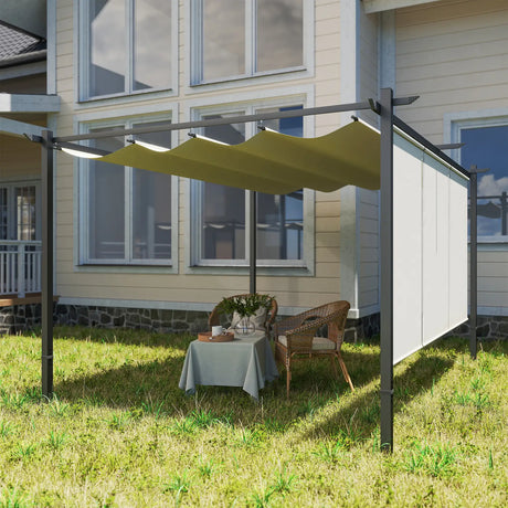 Outsunny 3 x 4m Metal Pergola with Retractable Roof and Roller Shade, Wall-Mounted or Free Standing Garden Gazebo Canopy Pergola Kit, UPF30+ Outdoor Sun Shade Shelter, Beige