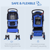 PawHut Dog Stroller with Rain Cover for Small Miniature Dogs, Folding Pet Pram with Cup Holder, Storage Basket, Reflective Strips, Blue