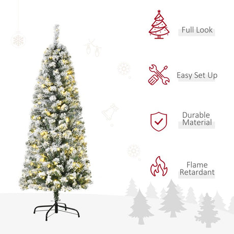 HOMCOM 5FT Prelit Artificial Snow Flocked Christmas Tree with Warm White LED Light, Holiday Home Xmas Decoration, Green White