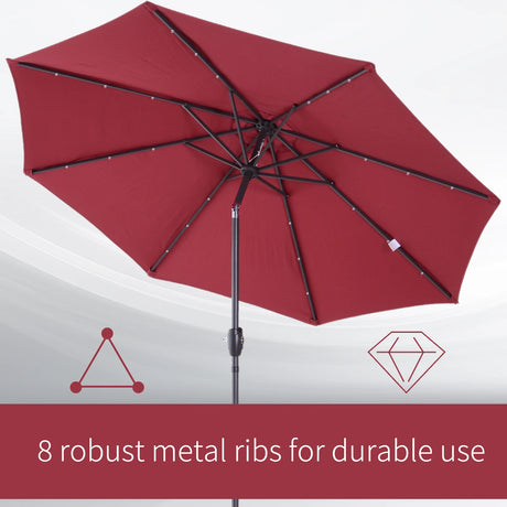 Outsunny 2.7m Garden 24 LED Light Parasol Solar Outdoor Tilt Sun Umbrella Patio Club Party Event Manual Sun Shade w/ Hand Crank and 8 Ribs, Red