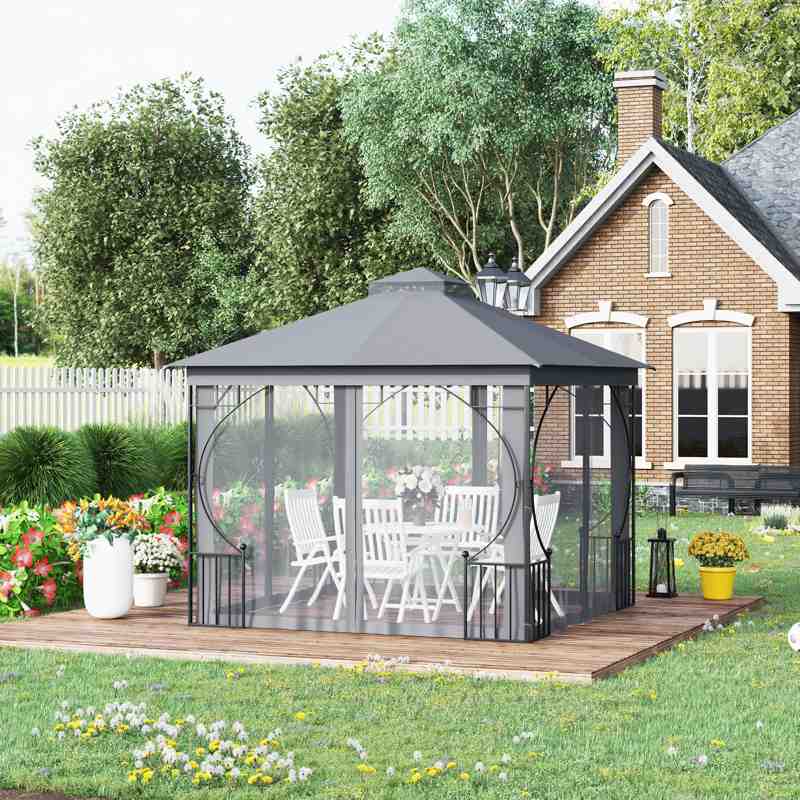 Outsunny 3 x 3(m) Garden Gazebo Patio Party Tent Shelter Outdoor Canopy Double Tier Sun Shade Metal Frame Netting, Light Grey