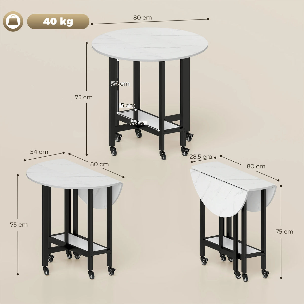 HOMCOM Folding Dining Table, Drop Leaf Table with Open Shelf, Rolling Kitchen Table for Dining Room, Small Spaces, White Marble