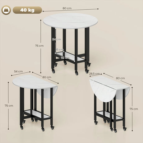 HOMCOM Folding Dining Table, Drop Leaf Table with Open Shelf, Rolling Kitchen Table for Dining Room, Small Spaces, White Marble