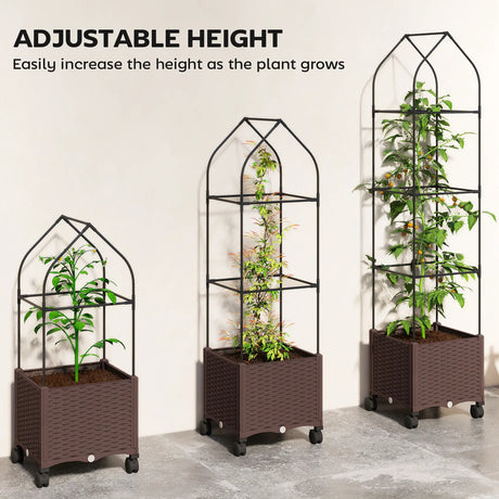 Outsunny Raised Garden Bed with Trellis, Tomato Cage with Lockable Wheels, Self Watering Planter Box with Drainage Holes, Brown