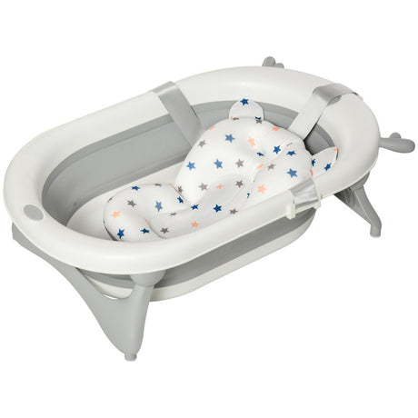 HOMCOM Foldable Baby Bathtub Set, Collapsible Bath Tub with Thermostatic Water Plug, Non-Slip Support, Cushion Pad, Drain Plugs, for Newborn to 3 Years - Offwhite