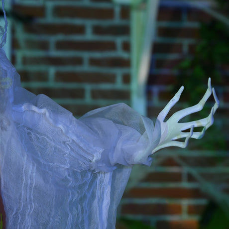 HOMCOM 6ft Outdoor Halloween Decoration Witch with Pumpkin, Hanging Skeleton Witch Prop Life Size with Sound and Motion Activated, Light Up Eyes, Laughing Sound, Posable Arms, White