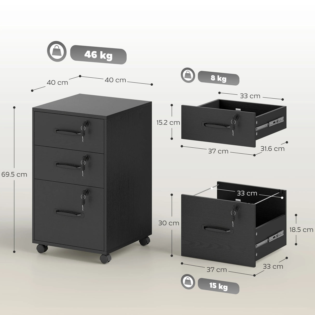 HOMCOM Three Drawer Wood-Effect Filing Cabinet - Black
