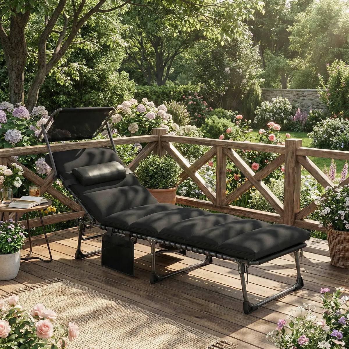 Outsunny Folding Sun Lounger with Canopy, Reclining Sunbed with Cushion, Side Pocket, Carrying Handle, Black