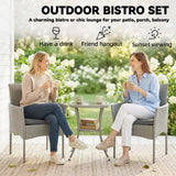 Outsunny 3 Piece Rattan Bistro Set, PE Wicker Garden Furniture Conversation Set with 2 Tier Glass-Top Table, Chairs, Dark Grey