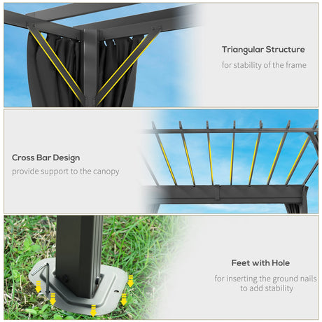 Outsunny 3.6 x 3 m Pergola with Retractable Roof Canopy, Curtains, Aluminium Garden Pergola Gazebo Sun Shade Shelter, Dark Grey