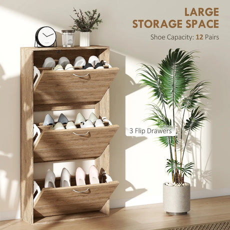 HOMCOM 12-Shoe Flip Drawer Storage Cabinet - Brown Wood-Effect