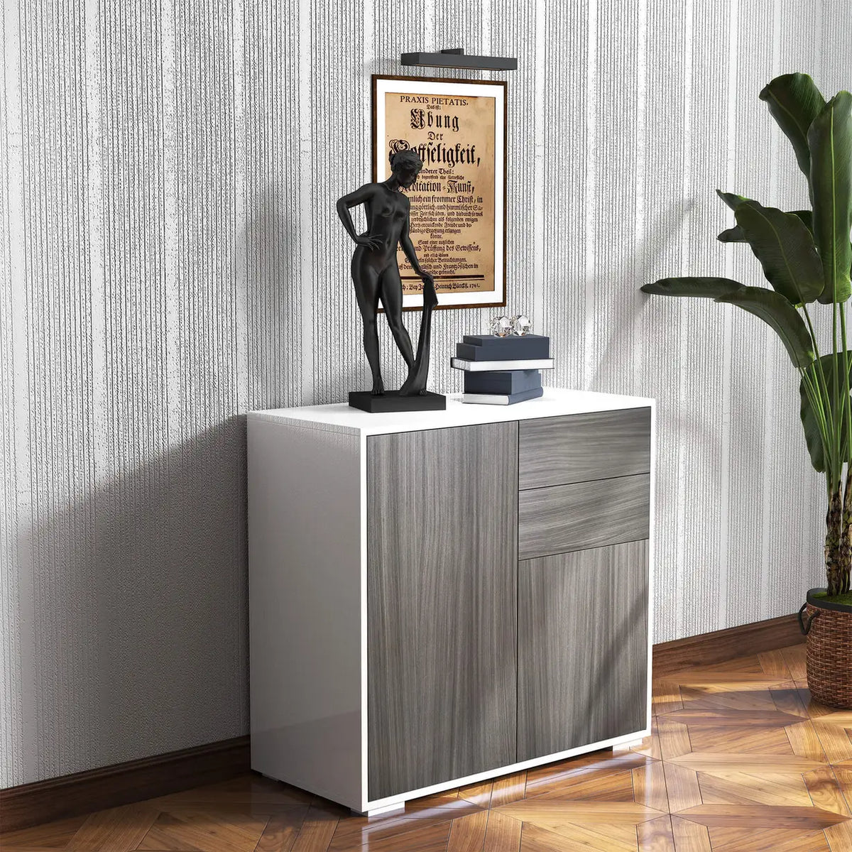 HOMCOM High Gloss Frame Sideboard, Side Cabinet, Push-Open Design with 2 Drawer for Living Room, Bedroom, Grey