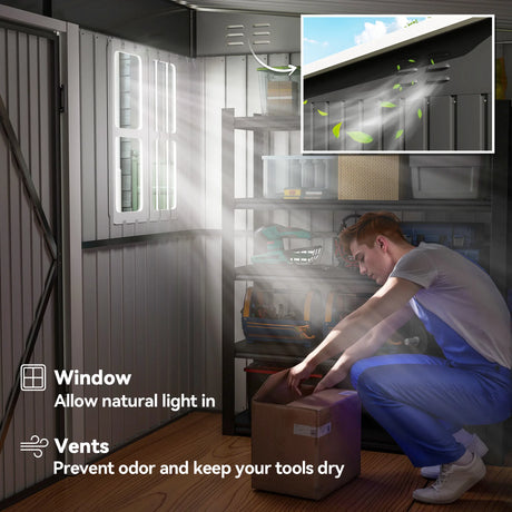 Outsunny 8.5 x 6ft Storage Shed Galvanised Steel Garden Shed, Metal Shed with Foundation Kit, Window, Lockable Wide Doors and Air Vents for Outdoor Patio, Dark Grey