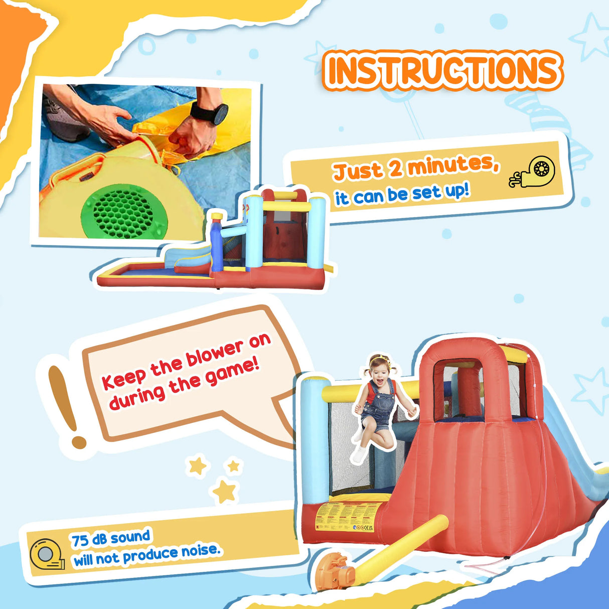 Outsunny 4-in-1 Bouncy Castle, with Slide, Trampoline, Climbing Wall, Blower, Multicoloured