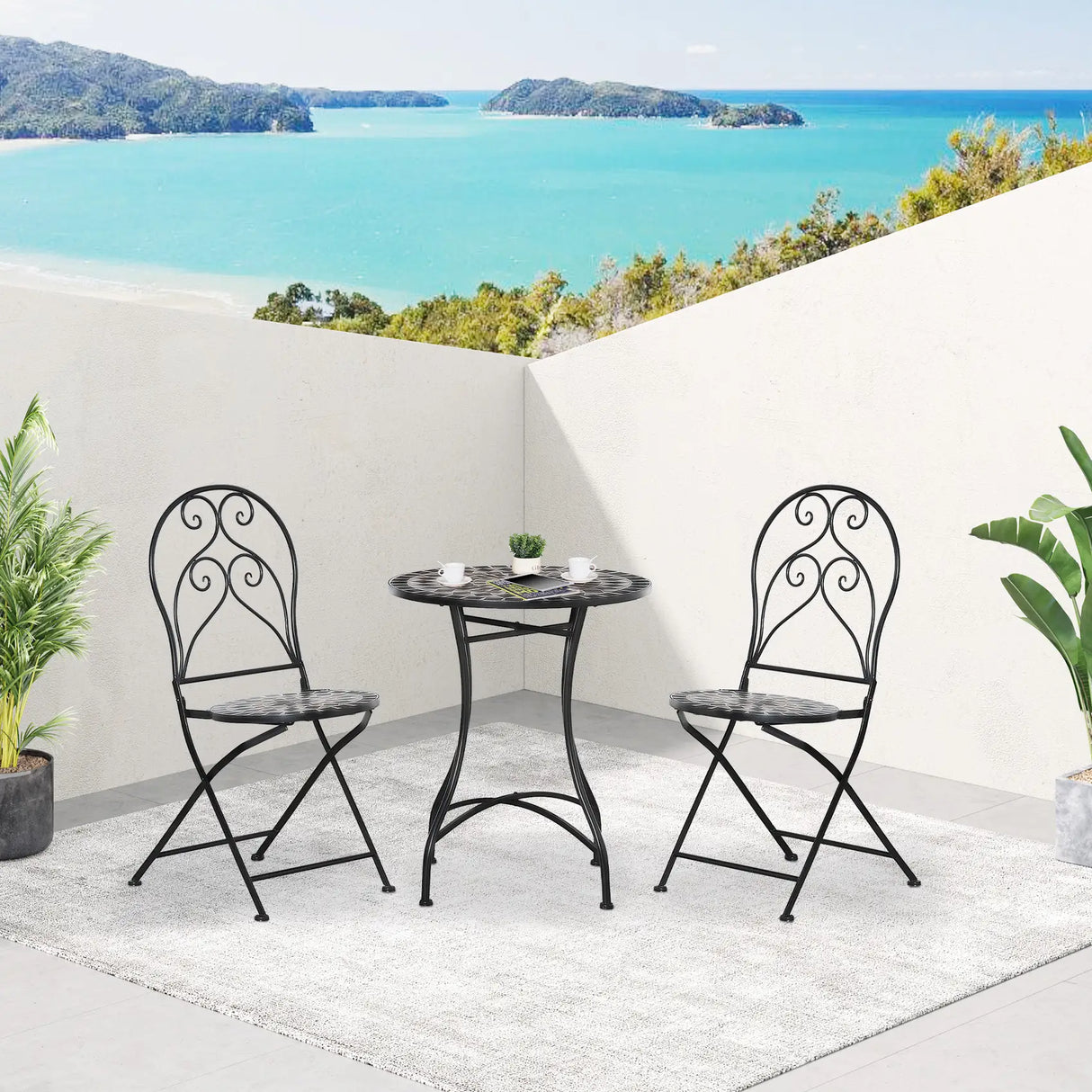 Outsunny 3 Pieces Garden Bistro Set with Coffee Table and 2 Folding Single Chairs, Mosaic Garden Table Top and Seats, Metal Frame, for Patio Balcony, Black