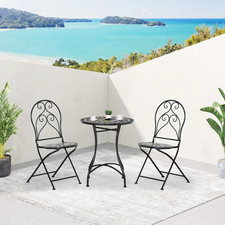 Outsunny 3 Pieces Garden Bistro Set with Coffee Table and 2 Folding Single Chairs, Mosaic Garden Table Top and Seats, Metal Frame, for Patio Balcony, Black
