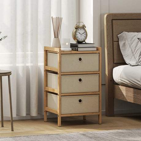 HOMCOM Chest of Drawers, 3 Fabric Drawers Narrow Dresser with Bamboo Frame, Cream White