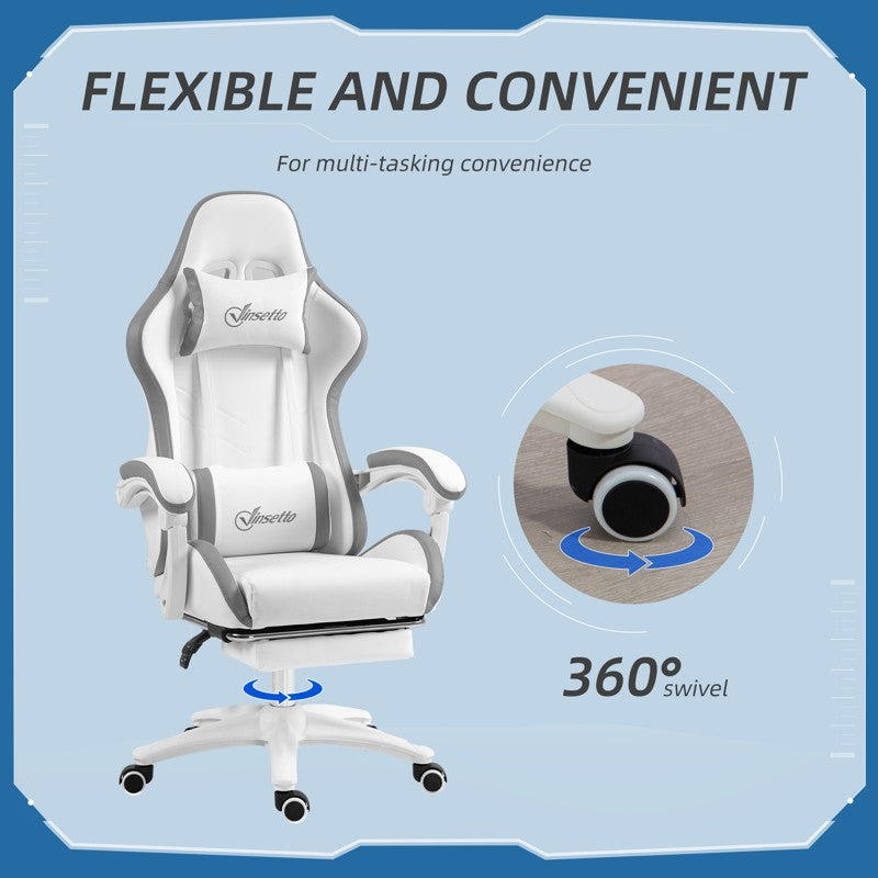 Vinsetto Computer Gaming Chair, PU Leather Desk Chair with Footrest, Swivel Task Chair with 135° Reclining Back and Lumbar Support, PC Chair for Adults, White and Grey