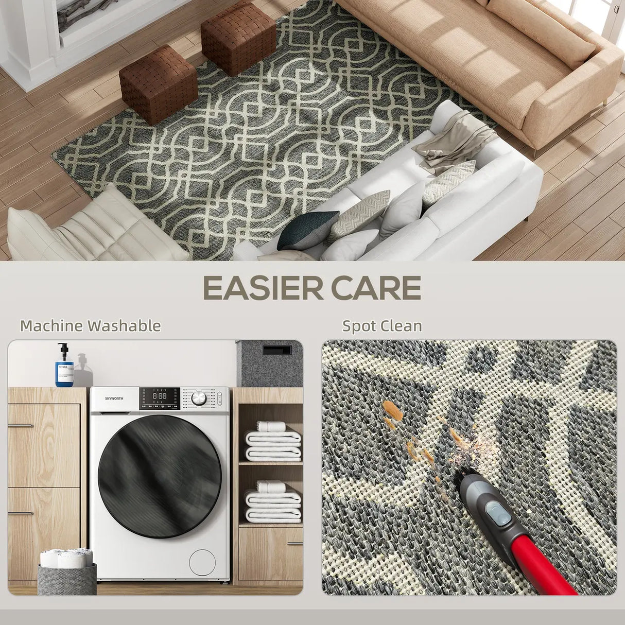 HOMCOM UV Resistant Indoor & Outdoor Area Rug, Easy-Cleaning Machine Washable Rug with Geometric Pattern for Patio, Garden, Kitchen, Bathroom or Living Room, 230 x 160 cm, Grey