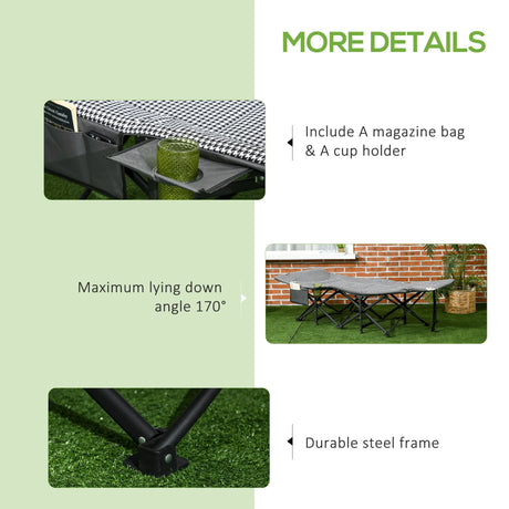 Outsunny Foldable Camp Bed, Padded Patio Camping Bed with Carry Bag, Magazine Bag and Cup Holder for Outdoor, Garden, Black