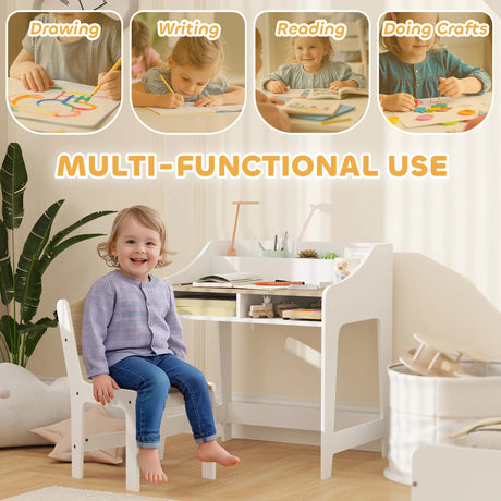 AIYAPLAY Kids Desk and Chair Set, Children Study Table with Storage and Shelves for Study Room, Gift for 3-8 Years, Natural