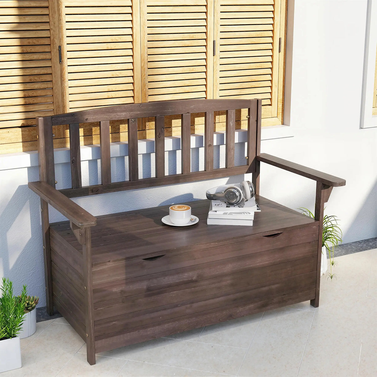 Outsunny Outdoor 2 Seater Garden Bench, Wooden Bench with Storage, Backrest, Arm Rests, 112 x 84 x 58 cm, Brown
