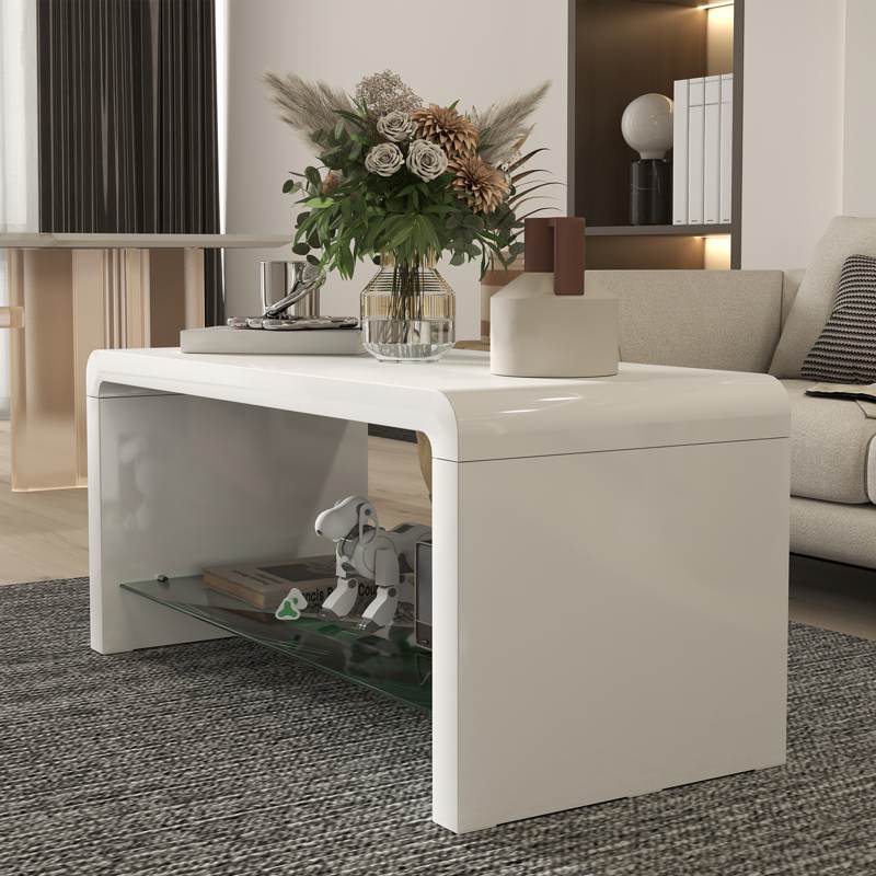 HOMCOM Curved Two-Tier Coffee Table - High Gloss White