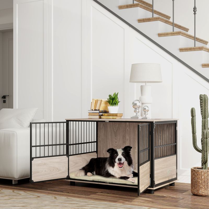 PawHut 100cm Furniture Style Dog Crate Dog Cage End Table Indoor with 3 Doors Soft Washable Cushion, for Large Sized Dogs