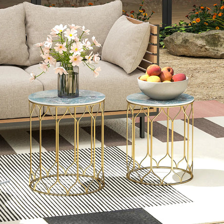 Outsunny Round Coffee Table Set of 2, Modern Nesting Tables with Ceramic Tile Top, Small End Tables, Indoor Outdoor Side Table with Metal Frame for Living Room, Bedroom, Patio, Balcony, Multicoloured