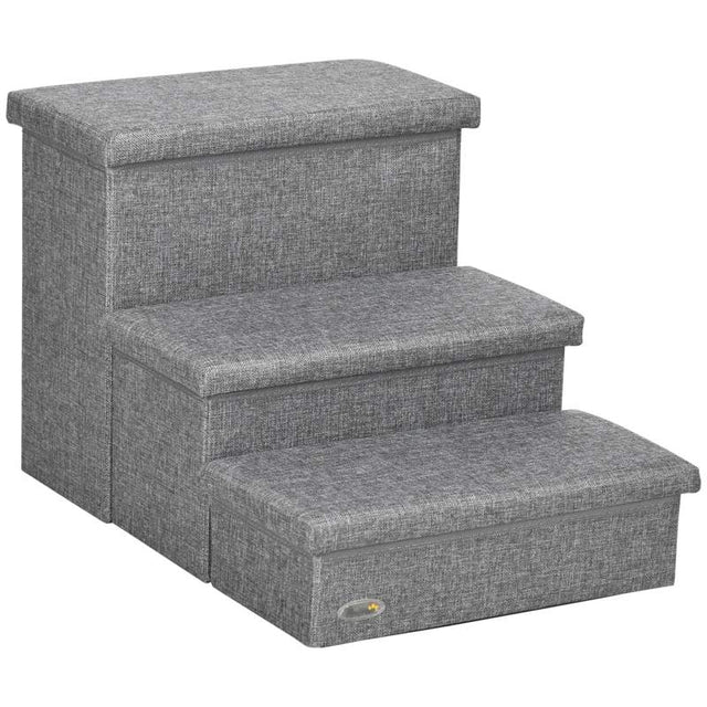 PawHut 3 Steps Pet Stairs, with Storage Boxes, for Bed, Couches - Grey