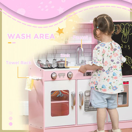 AIYAPLAY Pretend Play Kitchen, Kids Kitchen Playset w/ Toy Phone, Chalkboard, Microwave, Cooking Stove, Sink