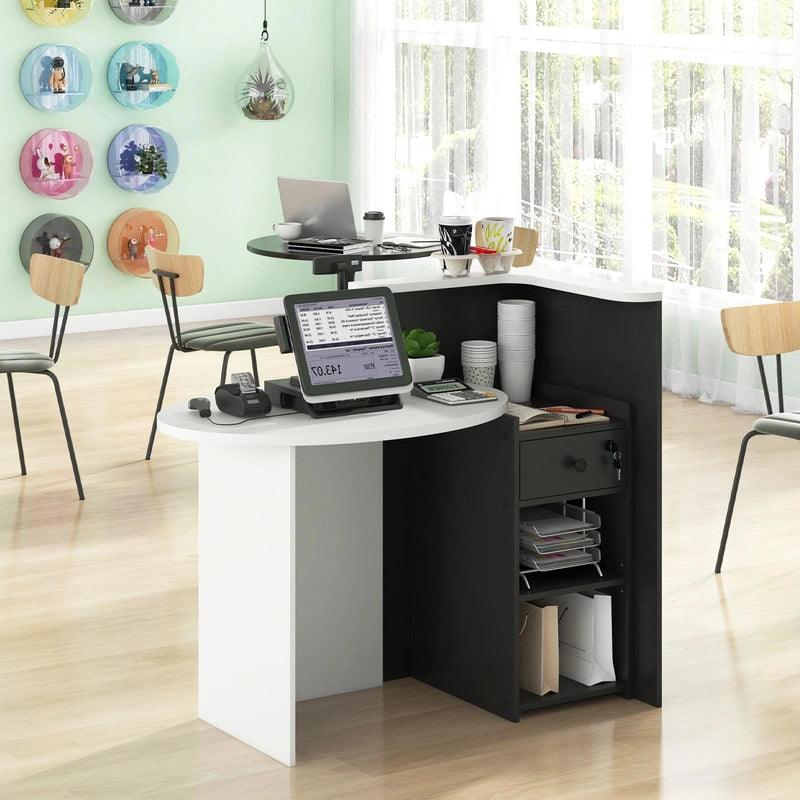 Reception Desk with Lockable Drawer and Adjustable Shelf for Office-Black and White