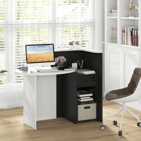 Reception Desk with Lockable Drawer and Adjustable Shelf for Office-Black and White
