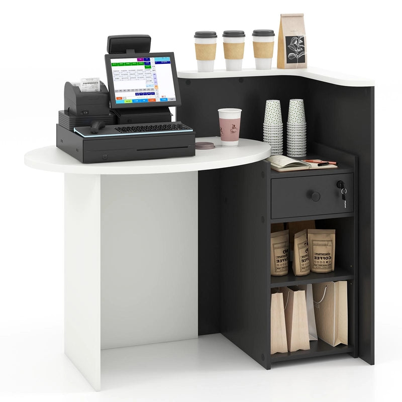 Reception Desk with Lockable Drawer and Adjustable Shelf for Office-Black and White