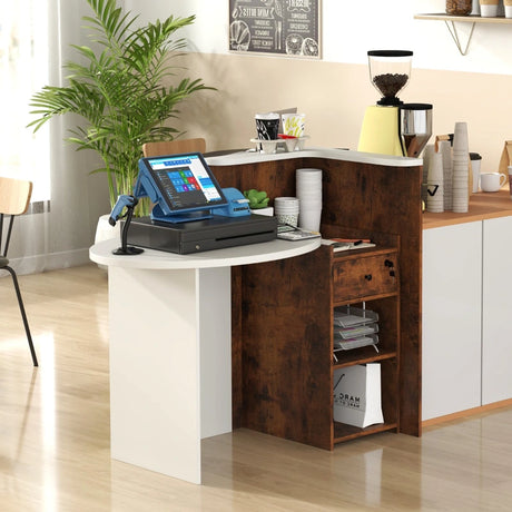 Front Reception Office Desk with Open Shelf and Drawer-Brown & White