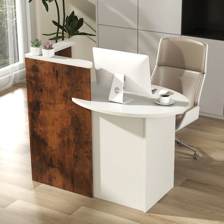Front Reception Office Desk with Open Shelf and Drawer-Brown & White
