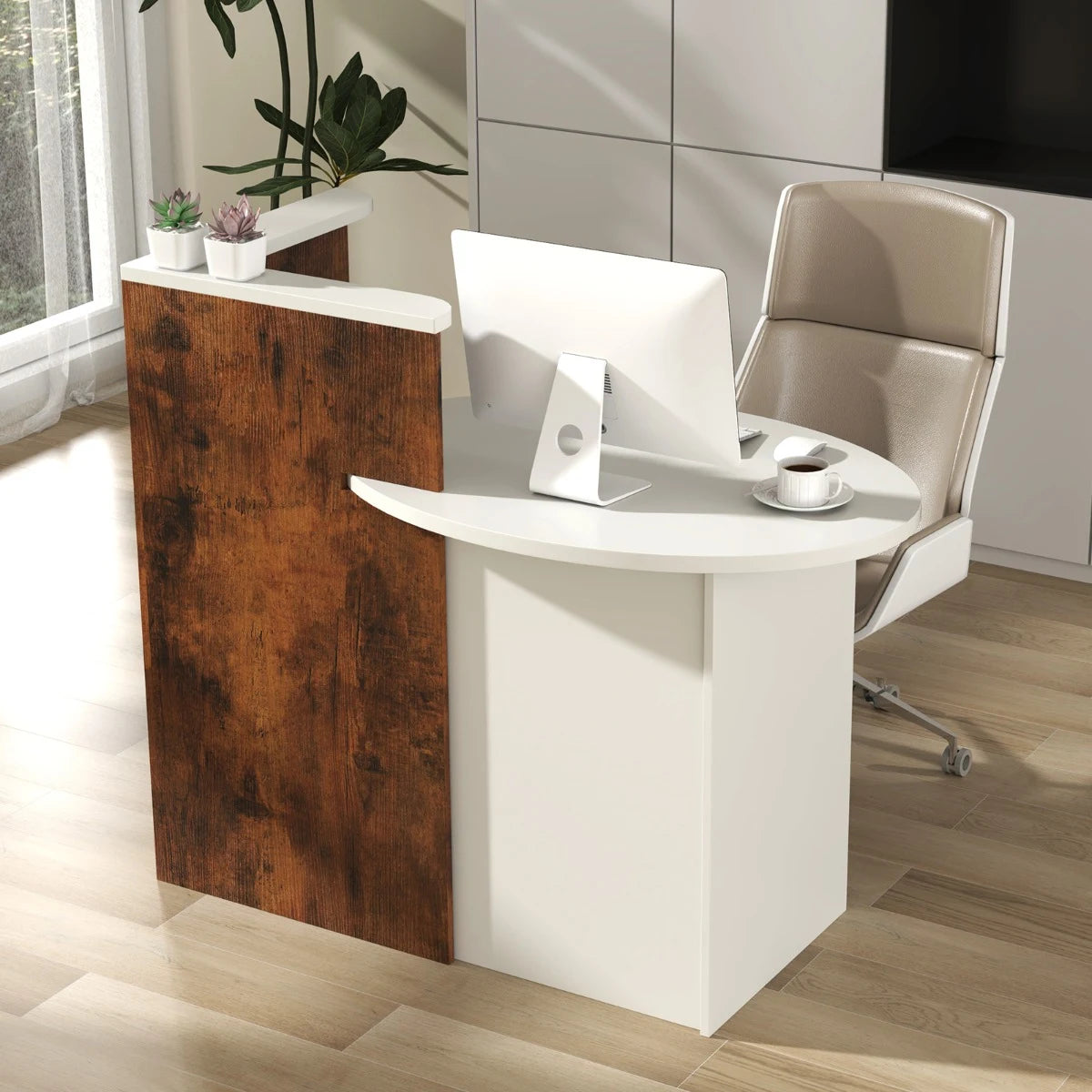 Front Reception Office Desk with Open Shelf and Drawer-Brown & White