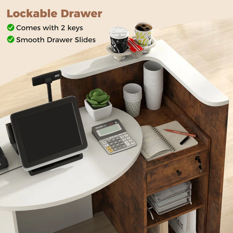 Front Reception Office Desk with Open Shelf and Drawer-Brown & White