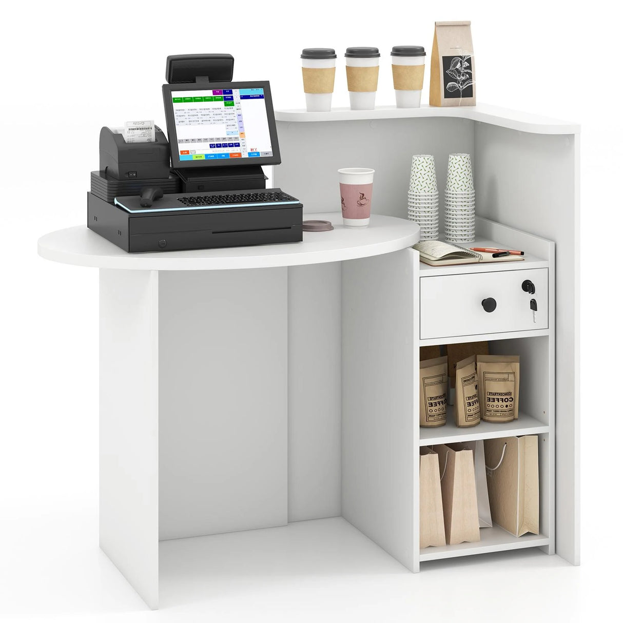 Reception Desk with Lockable Drawer and Adjustable Shelf for Office-White