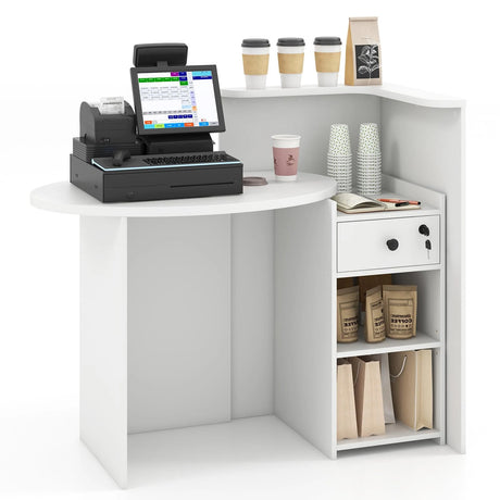 Reception Desk with Lockable Drawer and Adjustable Shelf for Office-White
