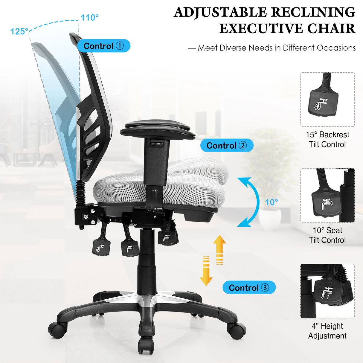 Ergonomic Mesh Office Chair with Adjustable Back Height and Armrests-Gray