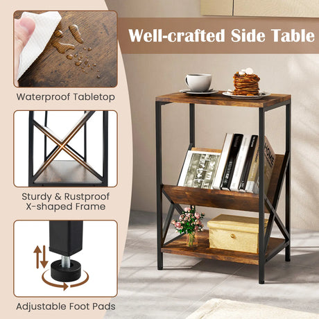 3-Tier Record Player Stand with V-Shaped Magazine Holder-Rustic Brown