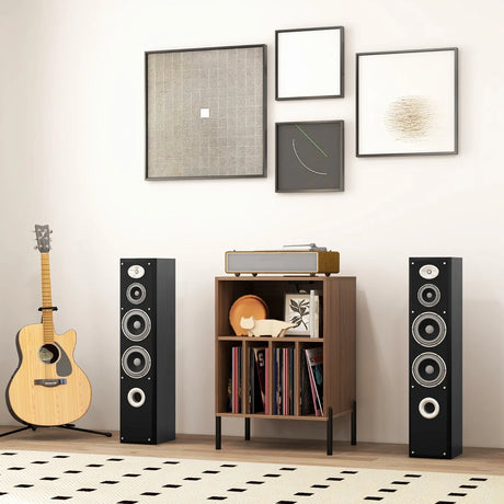 Record Player Stand with Charging Station and 5 Storage Compartments-Walnut