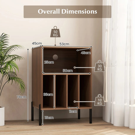 Record Player Stand with Charging Station and 5 Storage Compartments-Walnut