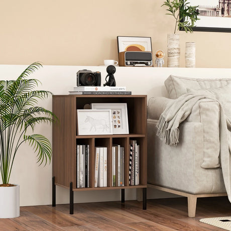 Record Player Stand with Charging Station and 5 Storage Compartments-Walnut