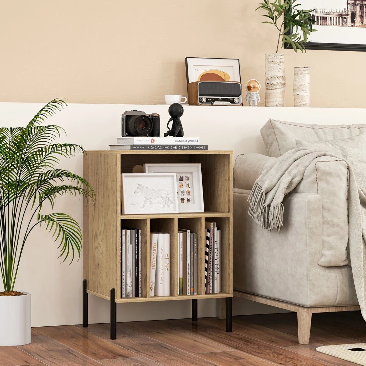 Record Player Stand with Charging Station and 5 Storage Compartments-Natural