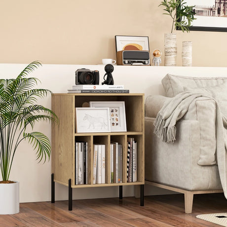 Record Player Stand with Charging Station and 5 Storage Compartments-Natural
