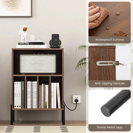Record Player Stand with Charging Station and 5 Storage Compartments-Walnut