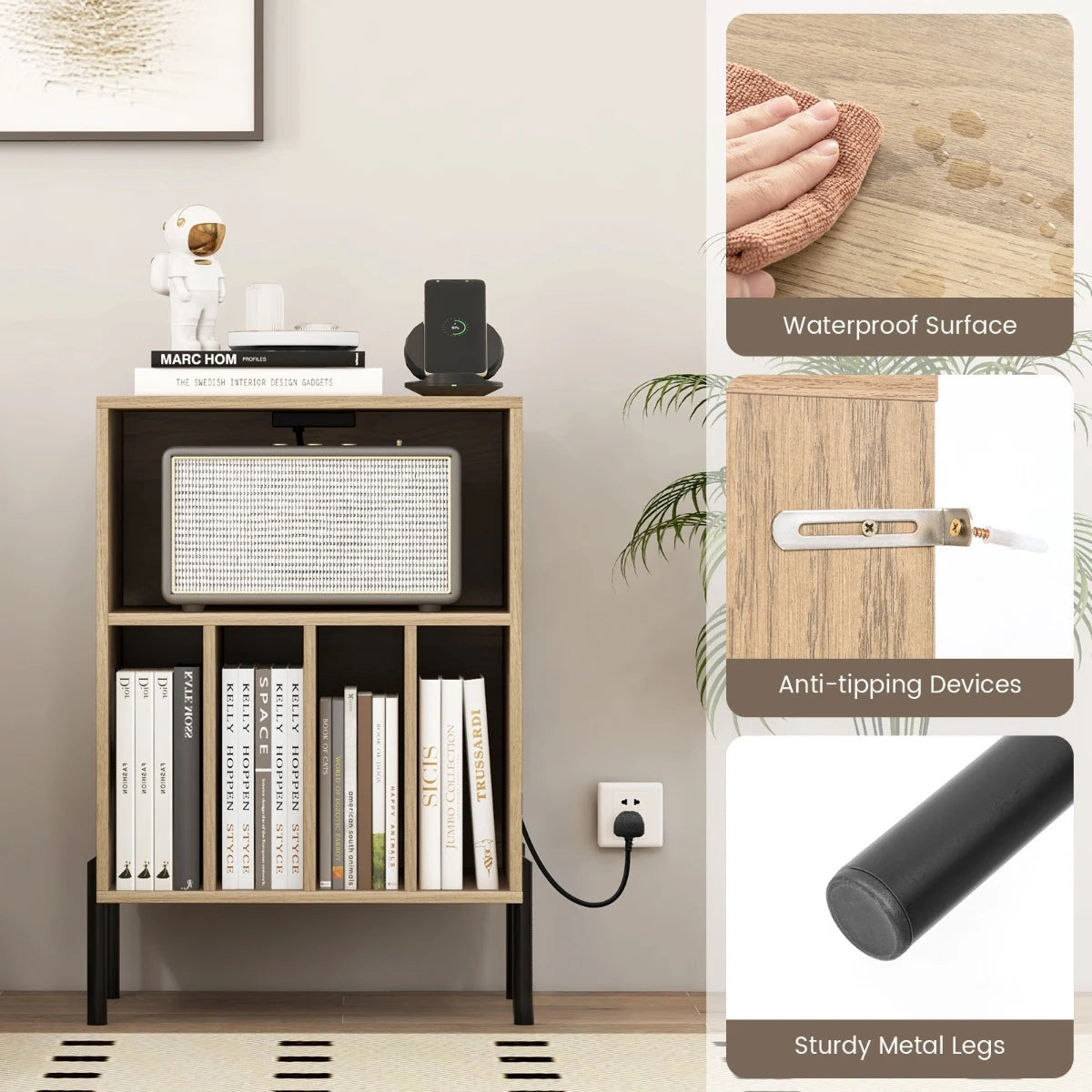 Record Player Stand with Charging Station and 5 Storage Compartments-Natural