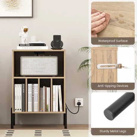 Record Player Stand with Charging Station and 5 Storage Compartments-Natural